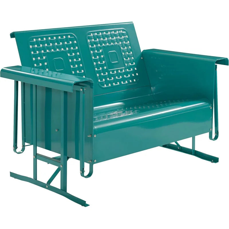 Bates Retro Metal Outdoor Loveseat Glider, 2-Person Rocking Patio Bench for Porch, Deck, Turquoise Gloss
