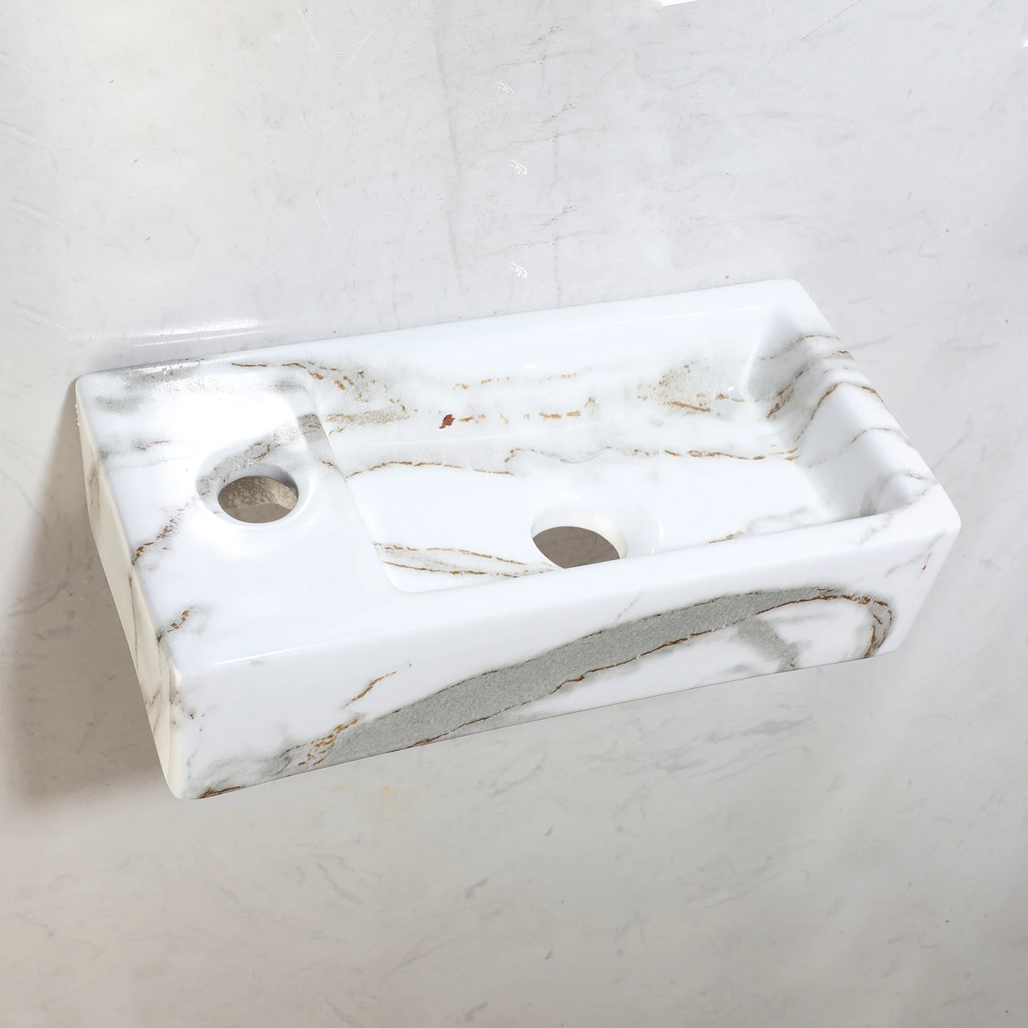 KEMAIDI Wall Mounted Marbling Vessel Sink 15x7 inch Rectangular White Floating Small Bathroom Ceramic Sinks Porcelain Basin Bowl