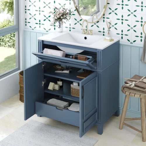 Blue 30'' Bathroom Vanity with Ceramic Sink,Solid Wood Frame Bathroom Storage Cabinet with Soft Closing Doors, Retro tyle