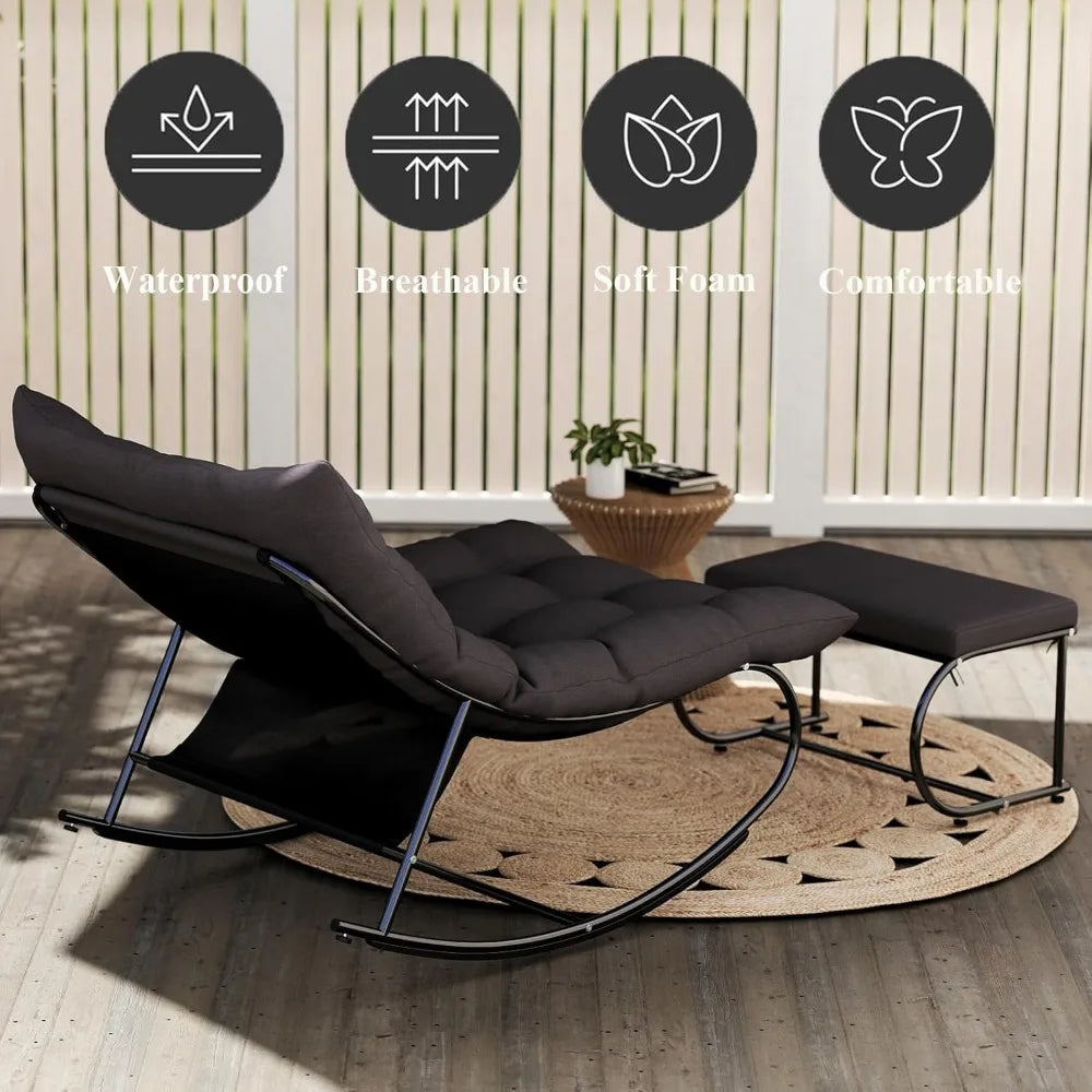 2 Piece Outdoor Rocking Chairs with Ottoman, Patio Oversized Rocking Egg Chair with Cushion, Papasan Chair Set of 2 for Outside,