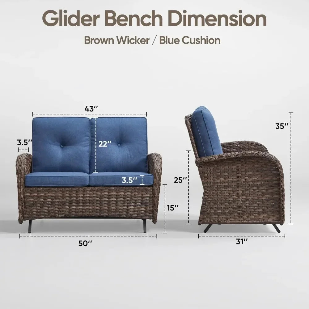Patio Loveseat Wicker Loveseat Rattan Glider Sofa with Curved Armrest Thicking Back & Seat Cushions for Garden Balcony Backyard