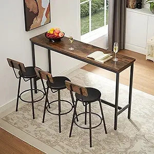63" L Bar Table and Chairs Set for 3, 4 Piece Long Rectangle Pub Bistro Table with 3 PU Upholstered Bar Stools, Counter Height D