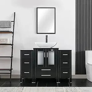 48" Modern Bathroom Vanity Sink Combo Black W/Small Side Cabinets Clear Boat Glass Vessel Sink & Water Save Faucet & Pop Up Dra