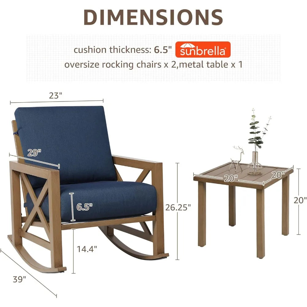 Rocking Bistro Set, 3 Piece Outdoor Patio Conversation Furniture Set with 2 Rockers and 1 Metal Coffee Table with Thick Cushions