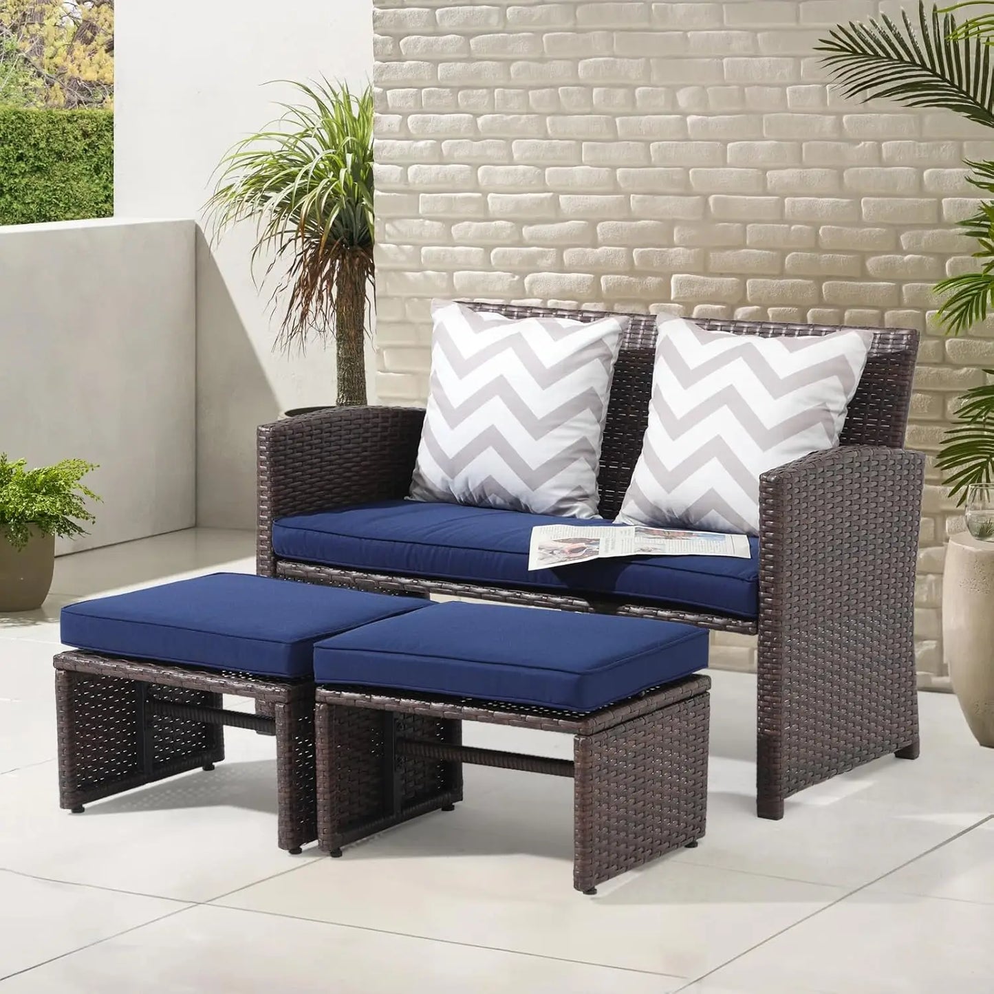 Outdoor Loveseat 3 Piece Patio Furniture Set Outdoor Conversation Set All-Weather Wicker Love Seat with Ottoman/Side Table, Brow