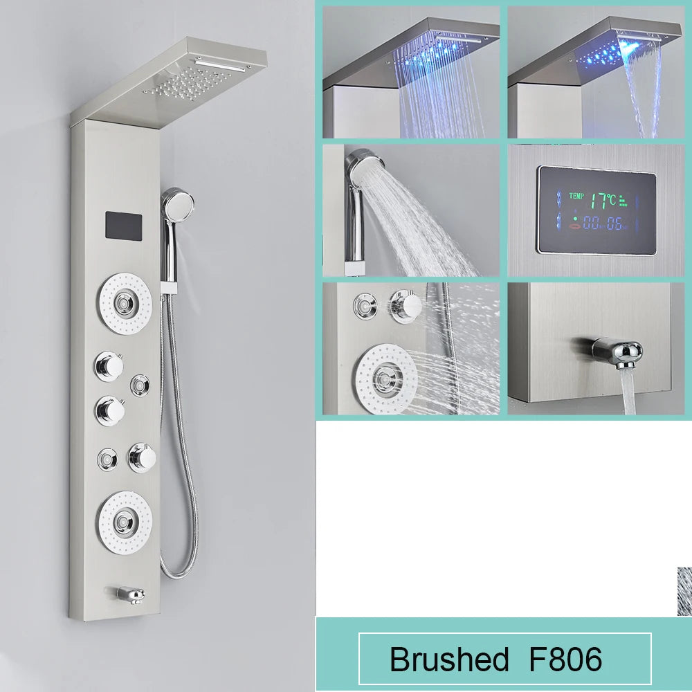 Black LED Light Shower Panel Waterfall Rain Shower Faucets SPA Massage Jet Bath Shower Column Shower system Mixer Tap Tower
