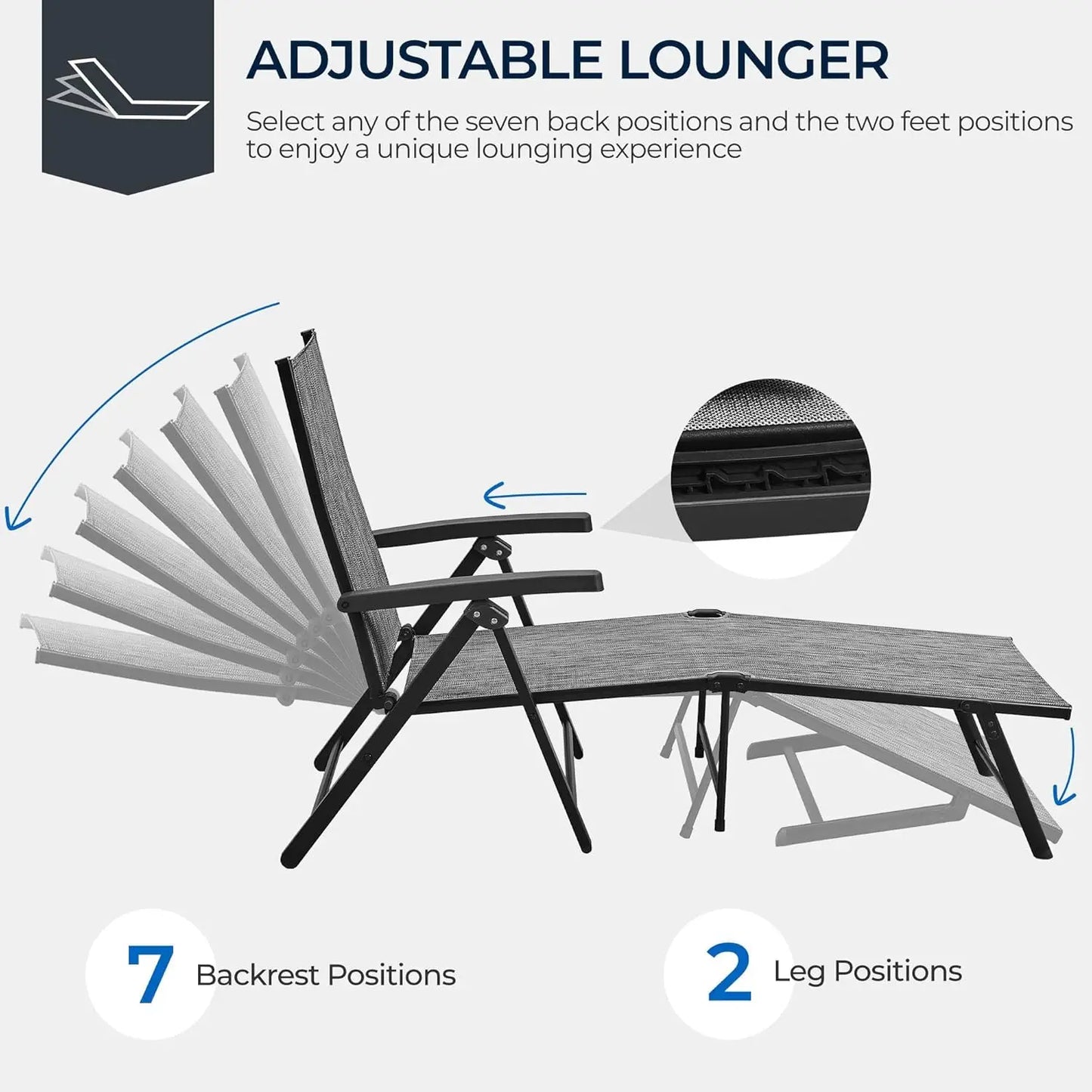 Outdoor Folding Chaise Lounge Set of 2 Patio Reclining Chairs w/Adjustable 7-Position Back for Beach Pool Garden Yard Deck Gray