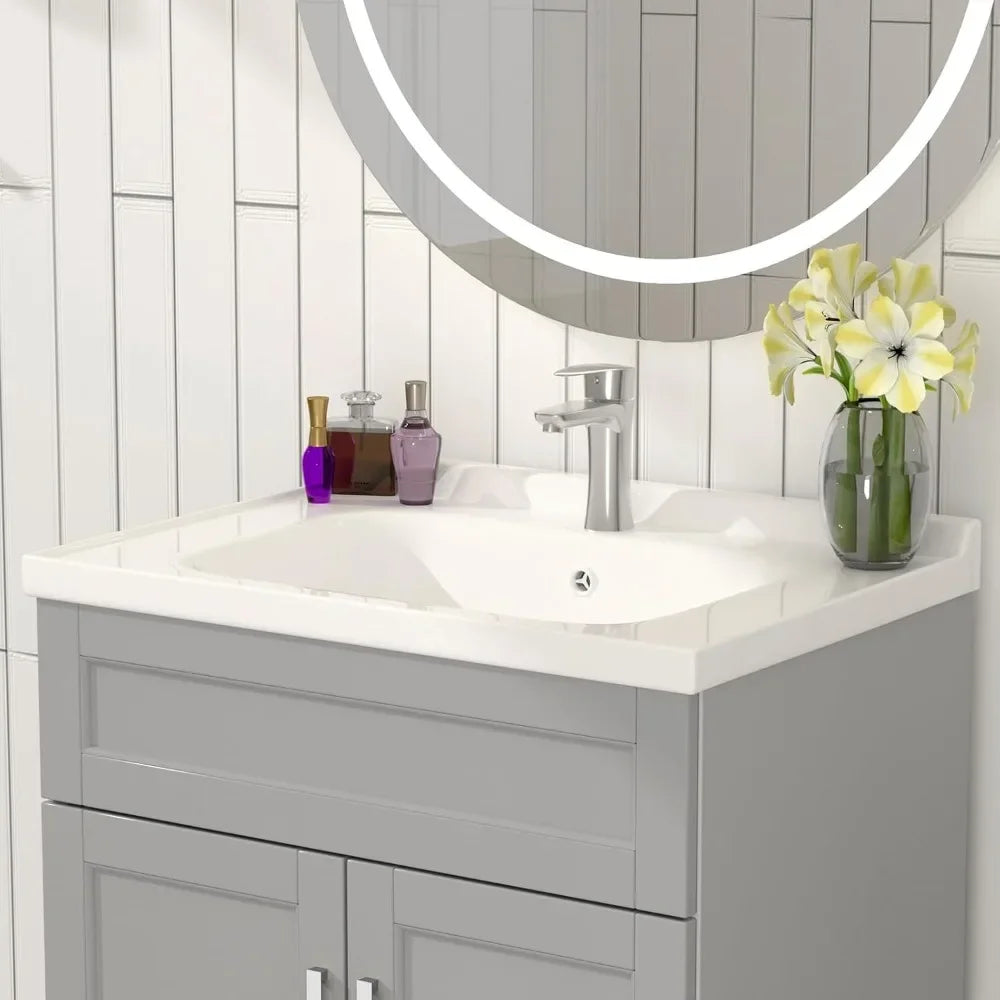 Bathroom Vanity with Ceramic Sink, Wooden Double Door Bathroom Storage Vanity with 24 Inch, Small Quick Assembly Bathroom