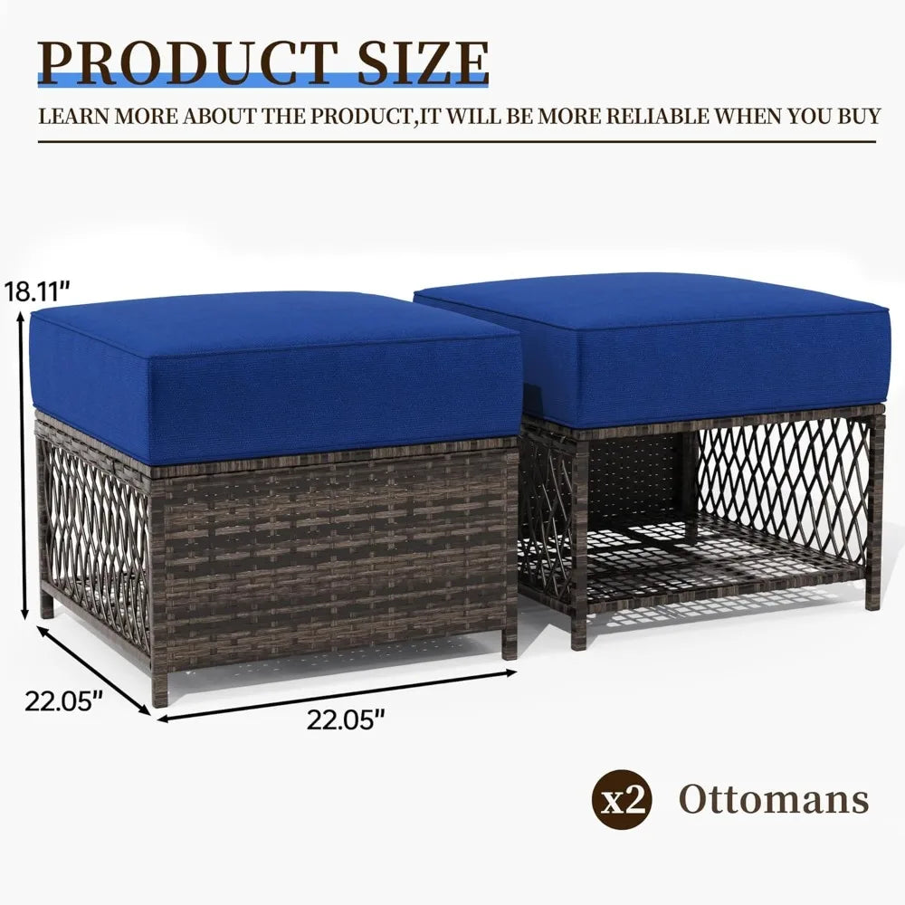2 Pieces Outdoor Patio Ottomans All Weather Rattan Wicker Ottoman Seat Patio Rattan Furniture Outdoor Footstool Footrest Seat