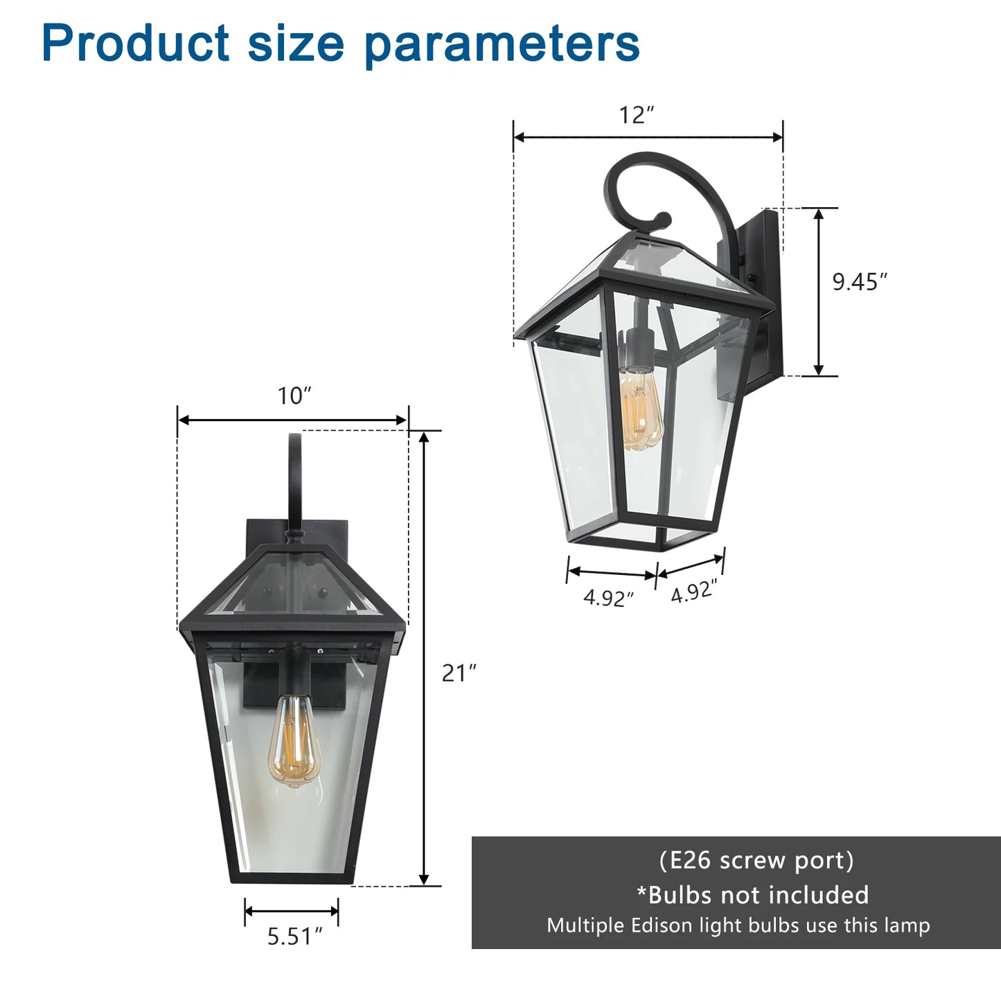 Outdoor wall light, classic black decorative outdoor light with transparent glass panel, waterproof external lighting equipment