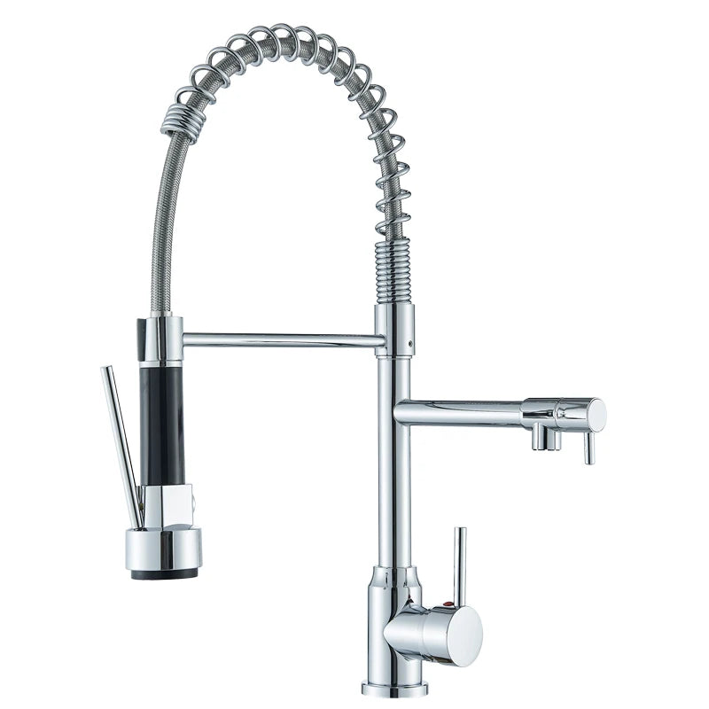 Black Kitchen Faucet With Pull Down Spring Sprayer Deck Mounted Hot and Cold Water Mixer Tap Dual Spout Nozzle Faucets Crane