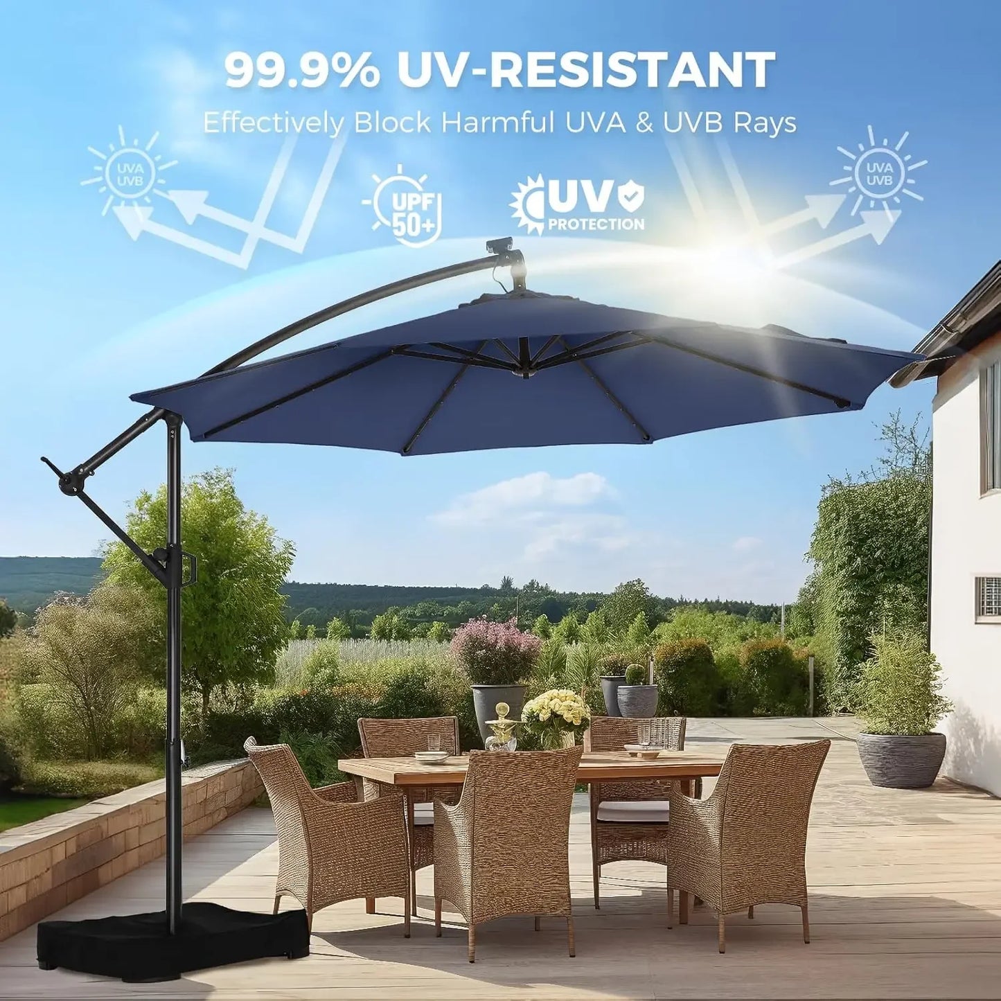 10ft Solar Lights Offset Cantilever Patio Umbrella - with Light, LED Hanging Patio Outdoor Market Umbrella UPF50+ UV (Navy Blue)
