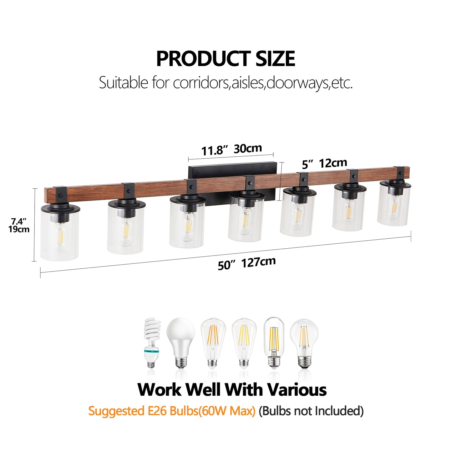Industrial Vintage 7-Light Wall Sconce - Black Cage Wall Lighting Fixture with Wooden Accents