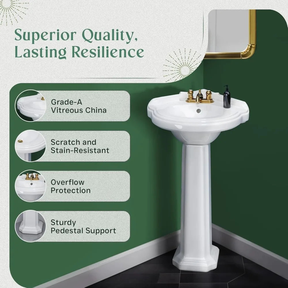Renovators Supply Portsmouth 22 Inch Corner Pedestal Bathroom Sink, White Overflow And Pre Drilled 4 In. Centerset Faucet Holes