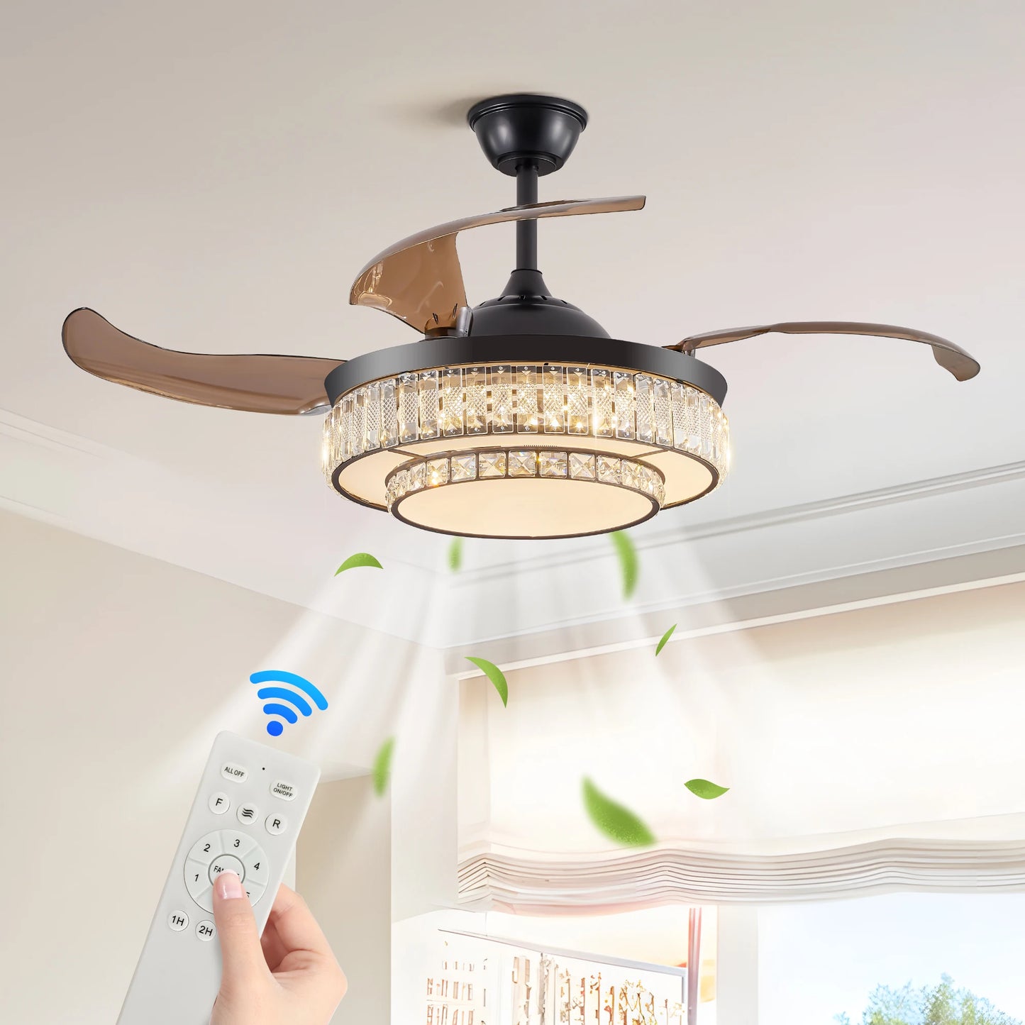Contemporary LED Retractable Ceiling Fan with Light and Remote Control, Quiet Reversible Motor,4 Blades Modern Ceiling Fans