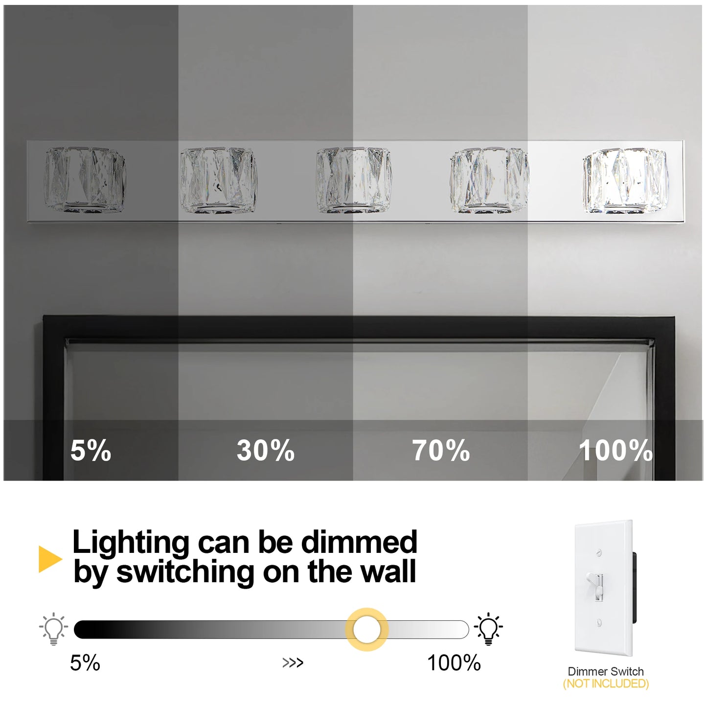 35" Modern Crystal 5-Light LED Wall Sconce – Elegant Chrome Bathroom Vanity Light with Clear Crystal Shades