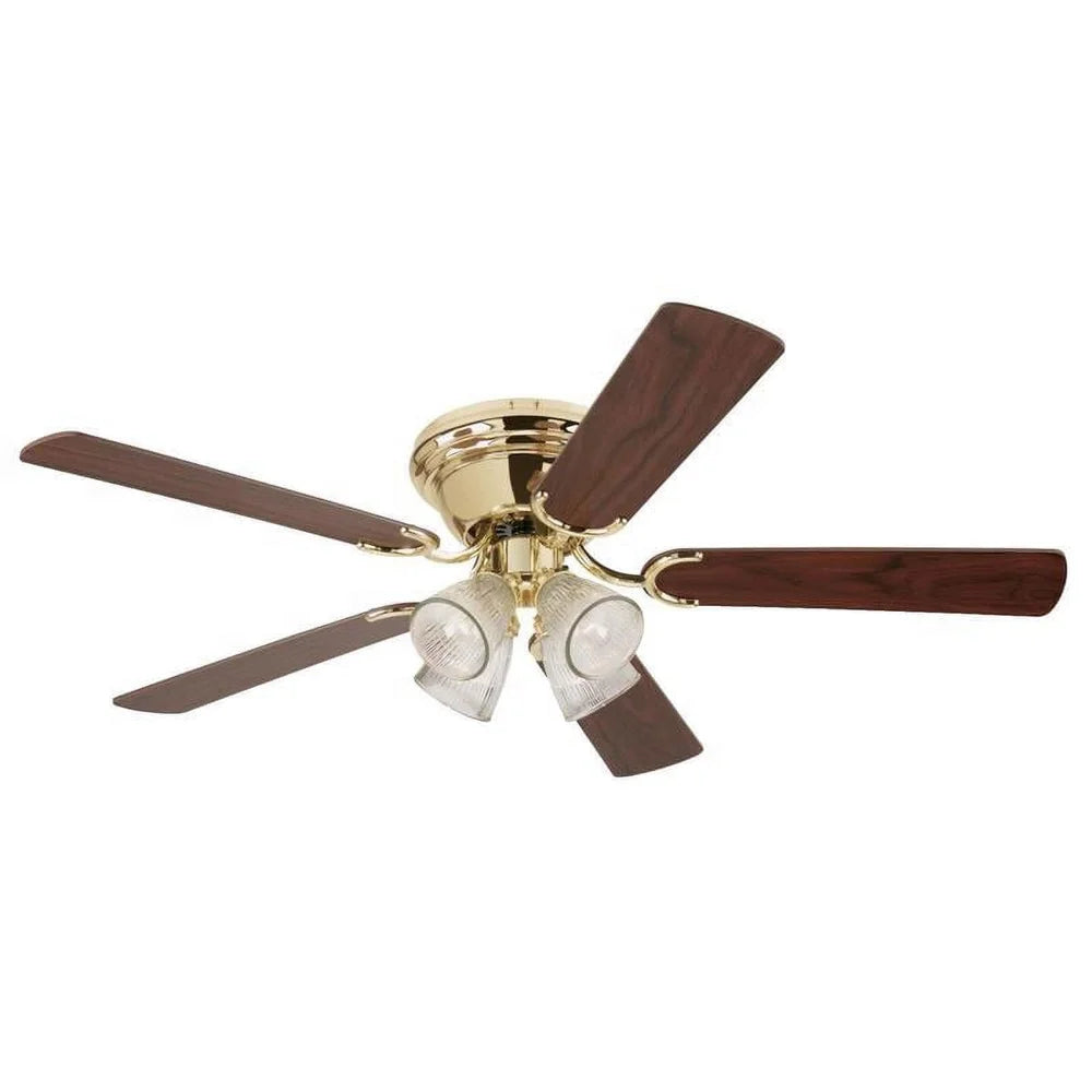 Indoor Ceiling Fan 52 Inch Polished Brass Light Fixture with LED Bulbs Clear Ribbed Glass Shades Energy Efficient Airflow Home