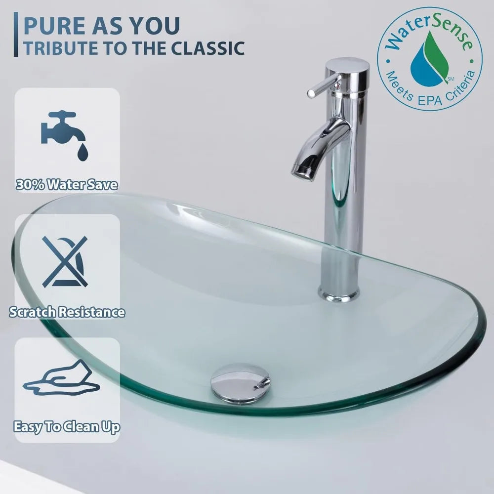 48" Modern Bathroom Vanity Sink Combo Black W/Small Side Cabinets Clear Boat Glass Vessel Sink & Water Save Faucet & Pop Up Dra