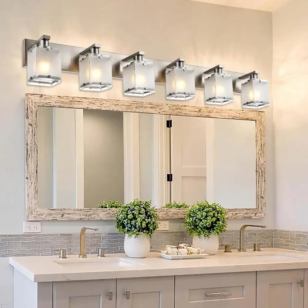 Modern Black Bathroom Vanity Light Fixture with 6 Frosted Glass Rectangular Shades