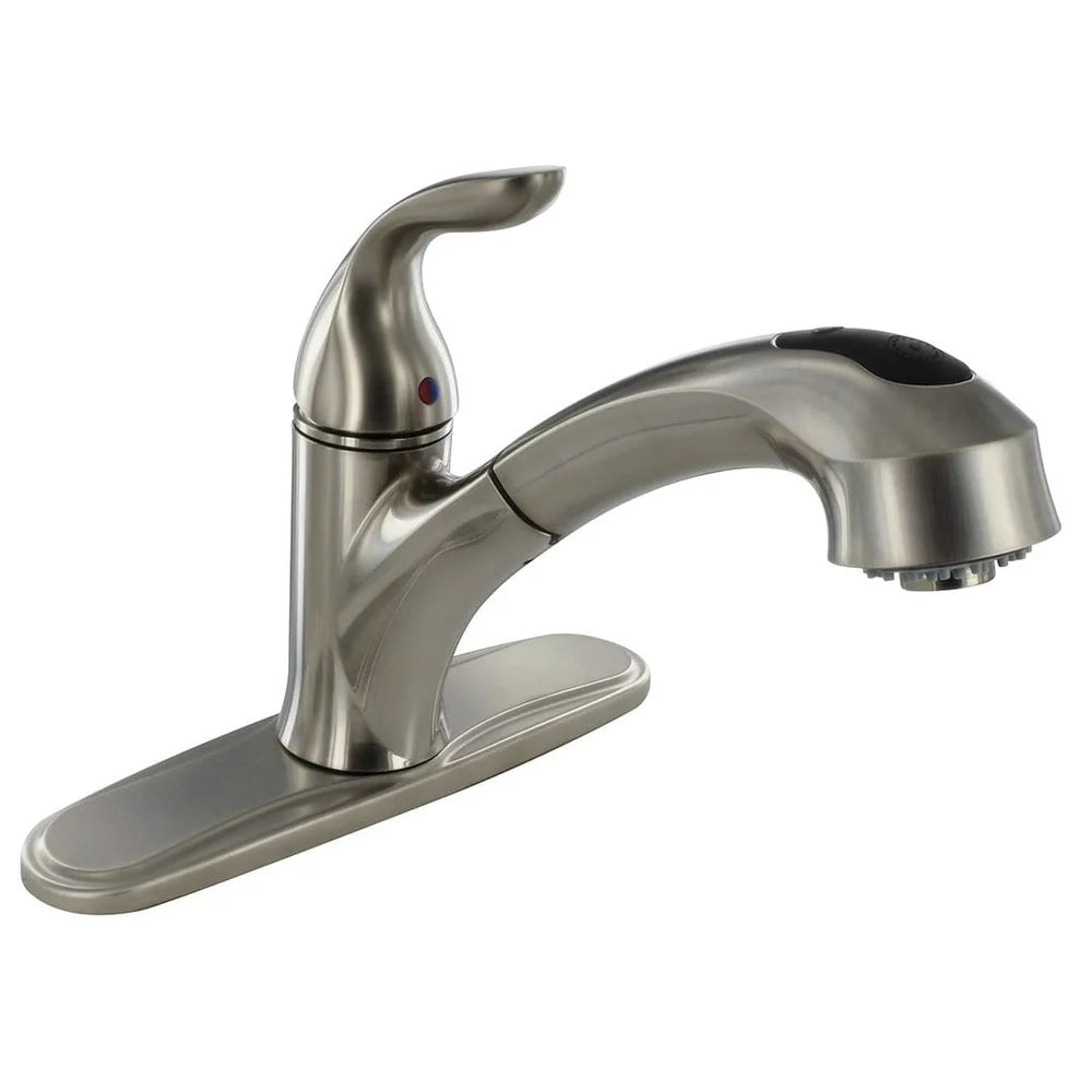 Single Handle Pull Out Kitchen Faucet Brushed Nickel 10 Inch Spout Adjustable Flow Rate 2.2 GPM Ceramic Valve 3 Hole Mount