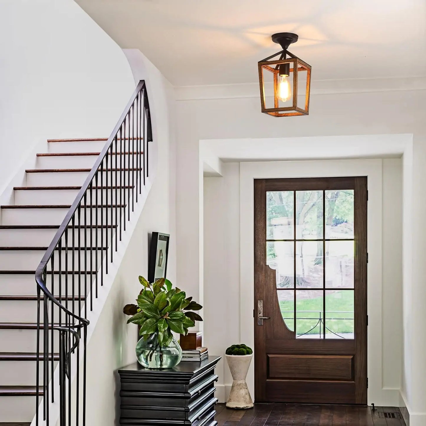 Farmhouse Semi-Flush Ceiling Light - Wood Grain Metal Industrial Fixture for Dining Room, Hallway & Entryway (2-Pack)