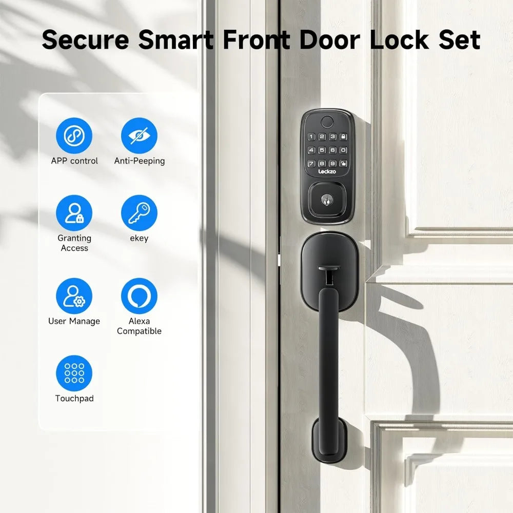Smart Door Lock with Handle, Keyless Entry Door Lock Deadbolt Handle Set, Built-in WiFi Deadbolt Smart Lock for Front, Fingerpri