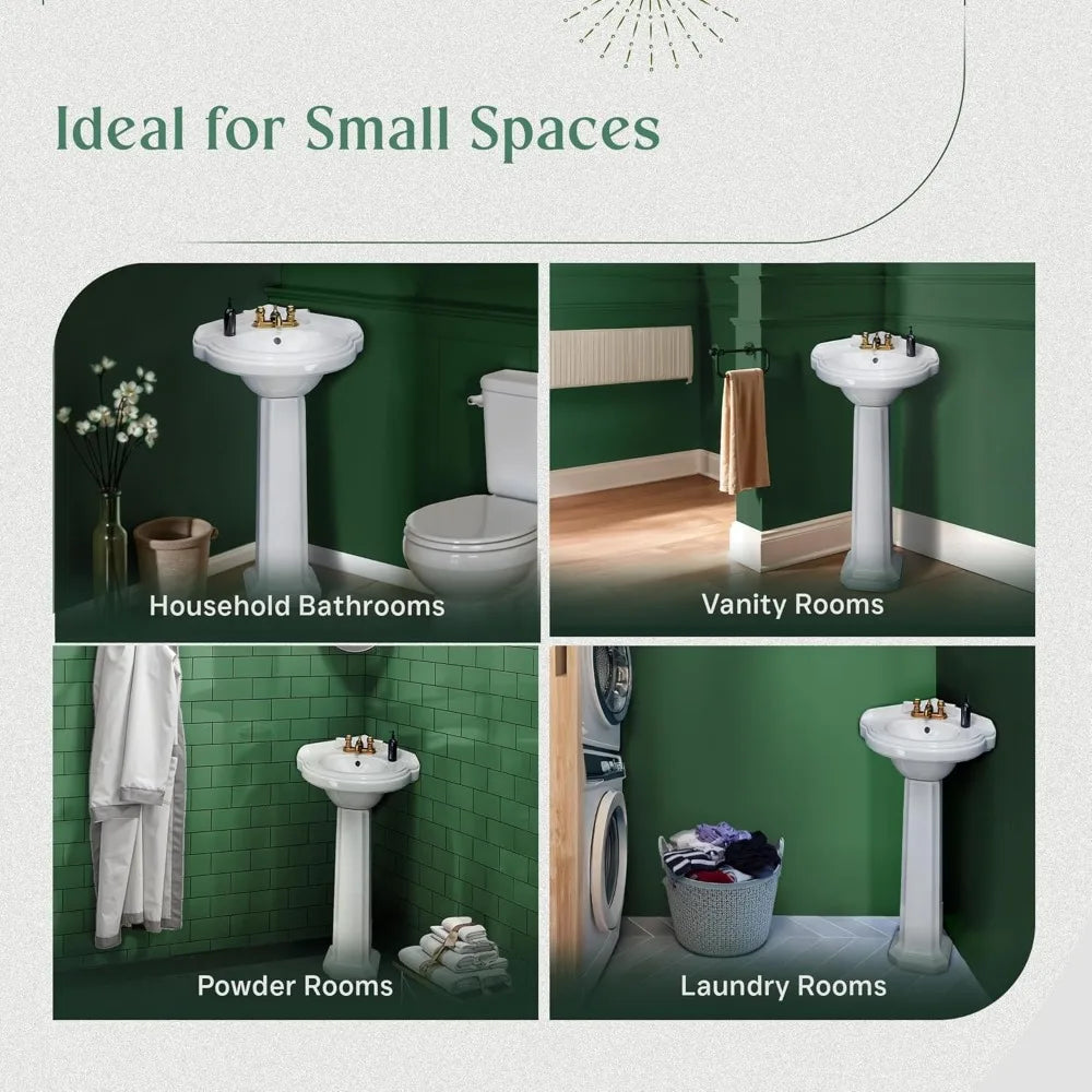 Renovators Supply Portsmouth 22 Inch Corner Pedestal Bathroom Sink, White Overflow And Pre Drilled 4 In. Centerset Faucet Holes