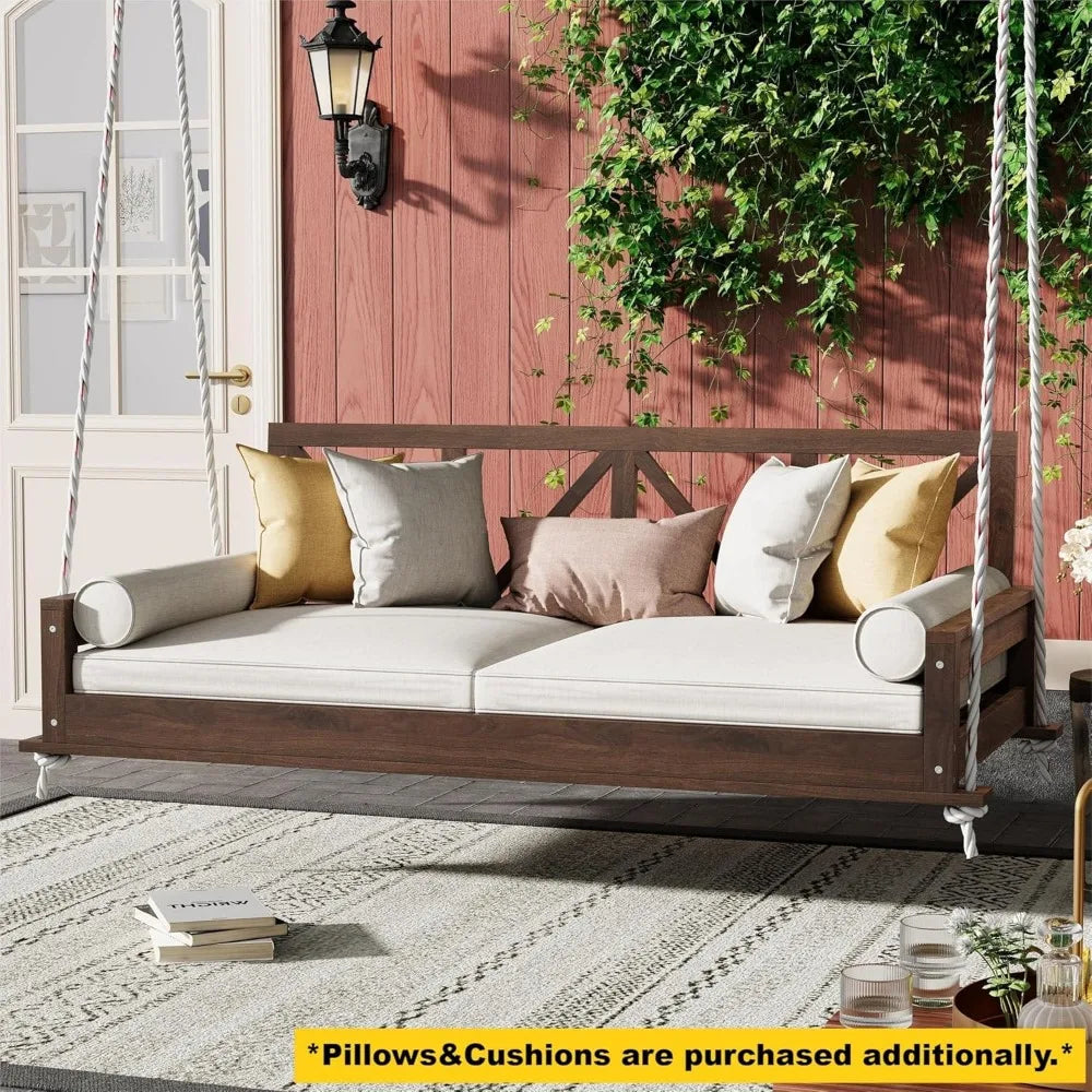 Patio Twin Size Garden Swing Bed, Acacia Wood Porch Swing Hanging Bed Frame with 16.4ft Hemp Ropes for Garden, Backyard, Brown