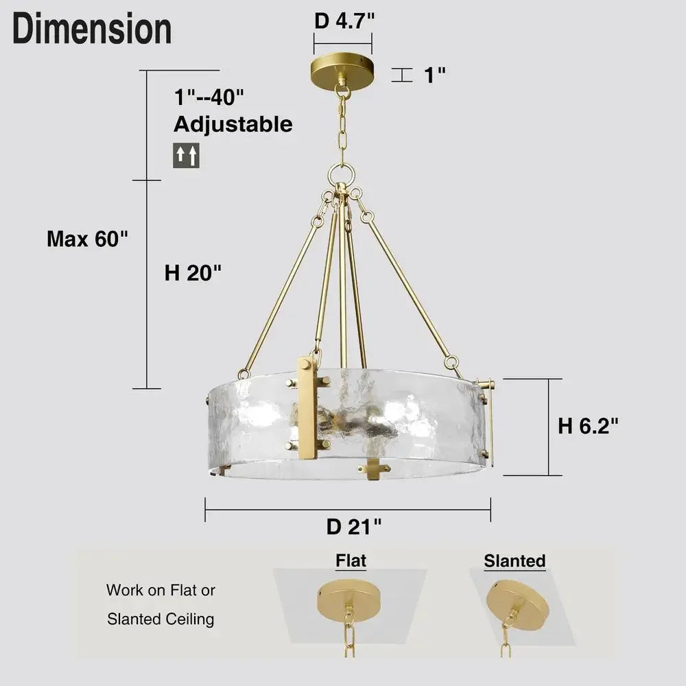 Modern Textured Glass Chandelier Gold Drum Light Fixture Adjustable Height Elegant Design Dining Room Kitchen Living Space