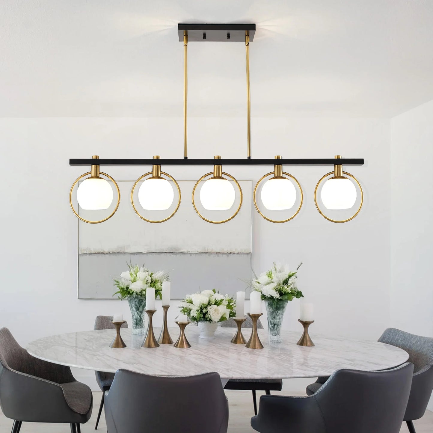 Modern 5-Light Adjustable Chandelier with Glass Shades Black Metal Frame Pendant Light Fixture Hanging Lighting for High Ceiling