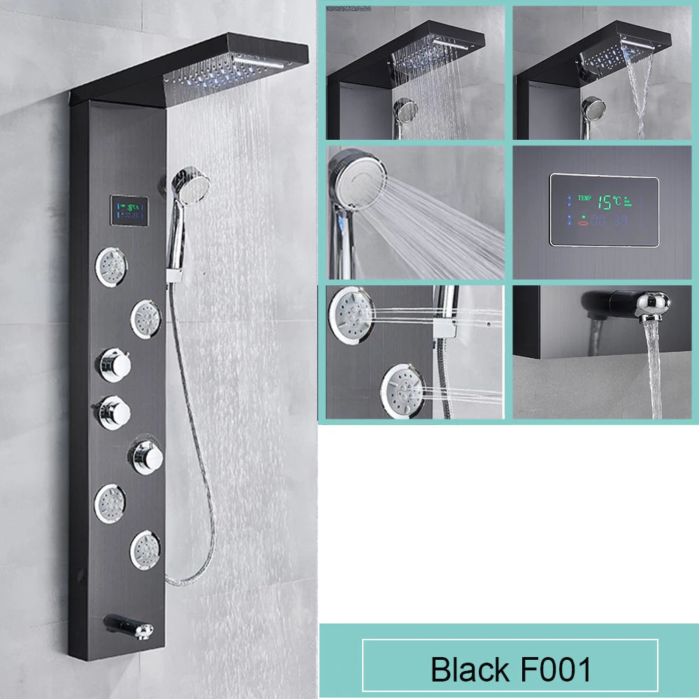 Black LED Light Shower Panel Waterfall Rain Shower Faucets SPA Massage Jet Bath Shower Column Shower system Mixer Tap Tower