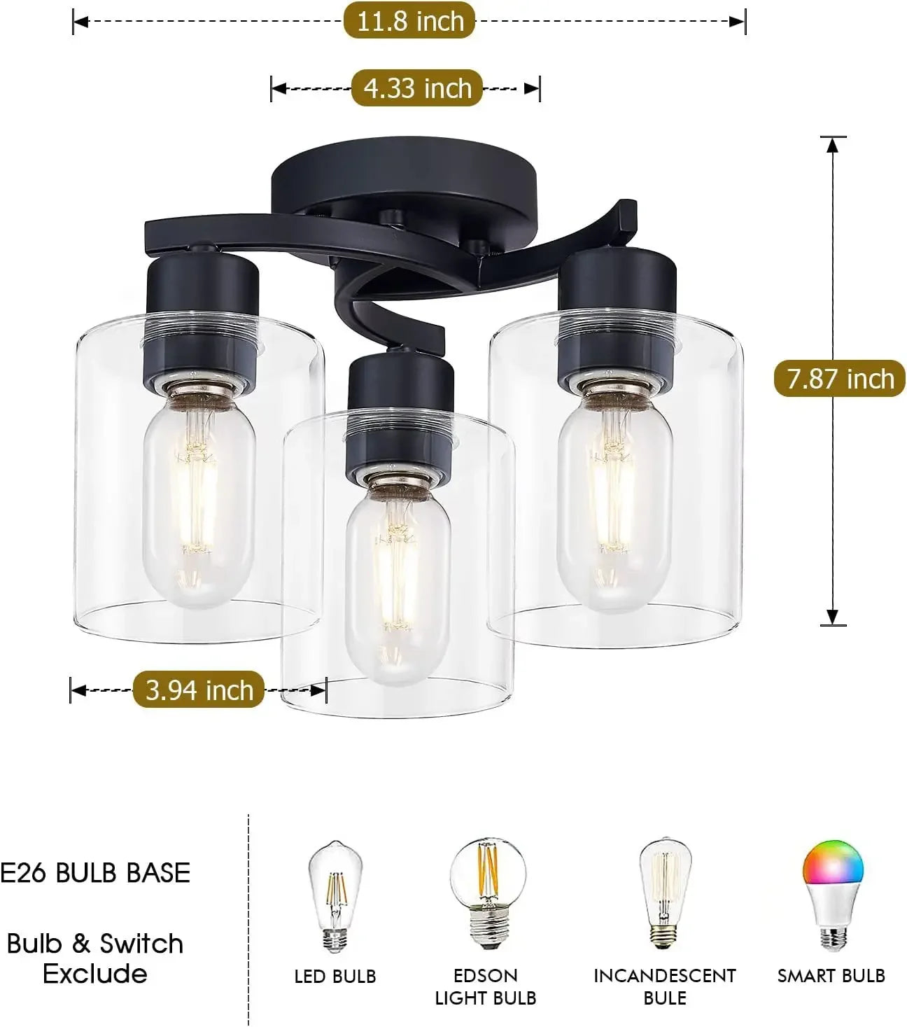 Black Ceiling Light Fixture 3 Light Flush Mount Ceilinglight, Industrial Ceiling Lamp with Clear Glass Shades (3-Light)