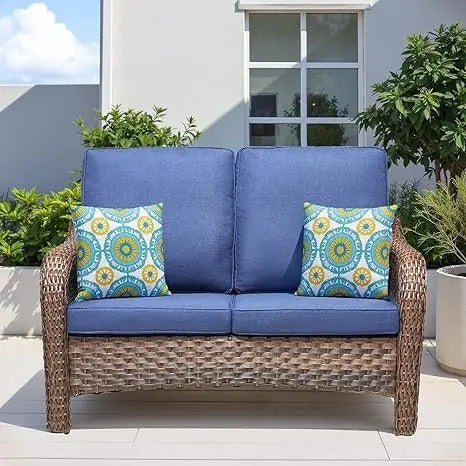 Outdoor Loveseat Patio Sofa, All Weather 2-Seat Wicker Couch with Removable Cushion, Rattan High Back Sofa Deep Seating Furnitur