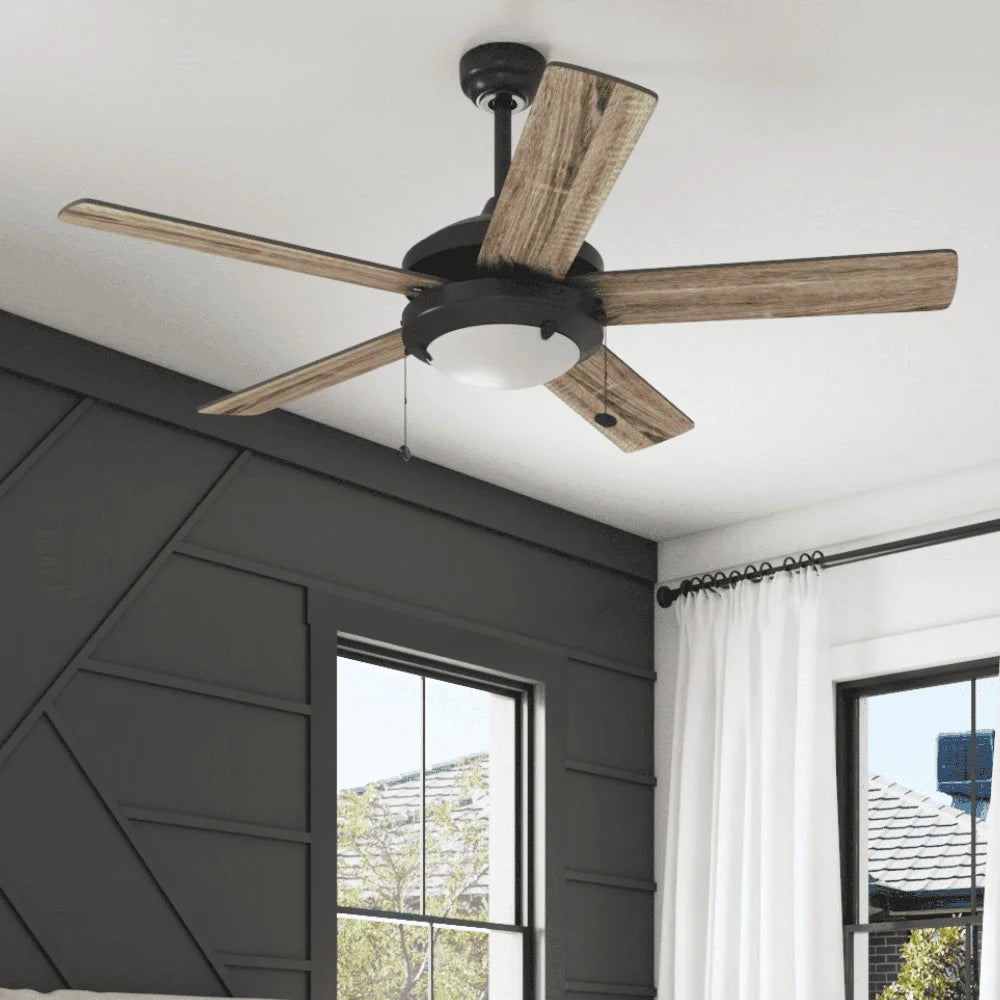 52 Inch Indoor Ceiling Fan with Light Pull Chain Control Reversible Blades Quiet Motor Modern Design Living Room Bedroom Office