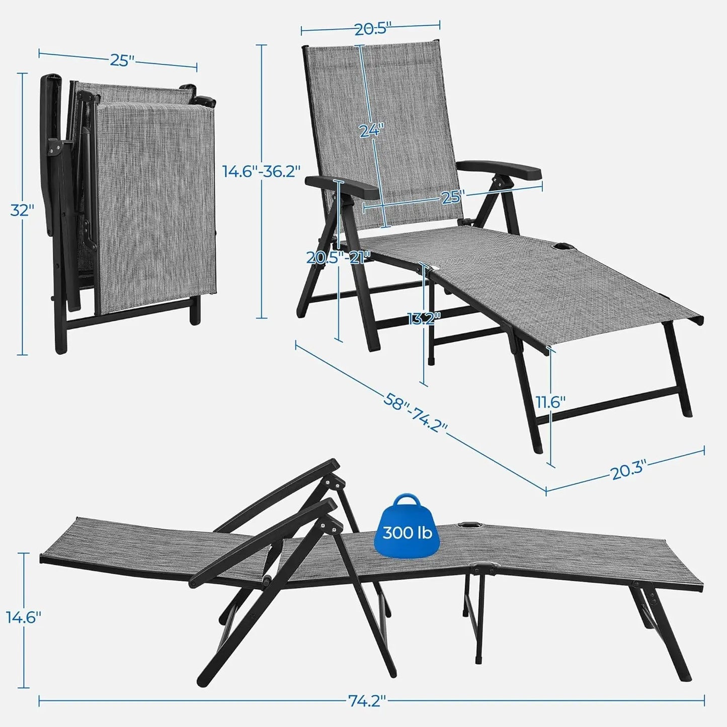 Outdoor Folding Chaise Lounge Set of 2 Patio Reclining Chairs w/Adjustable 7-Position Back for Beach Pool Garden Yard Deck Gray