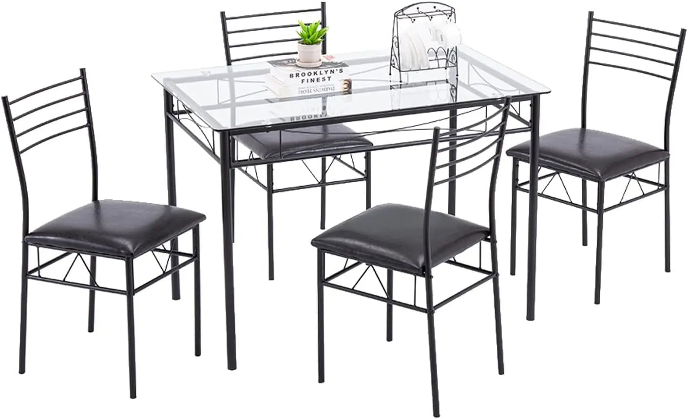 5-Piece Dining Table Set with 1 Glass Dining Table and 4 PVC Chairs, Modern Dining Table Set Living Room