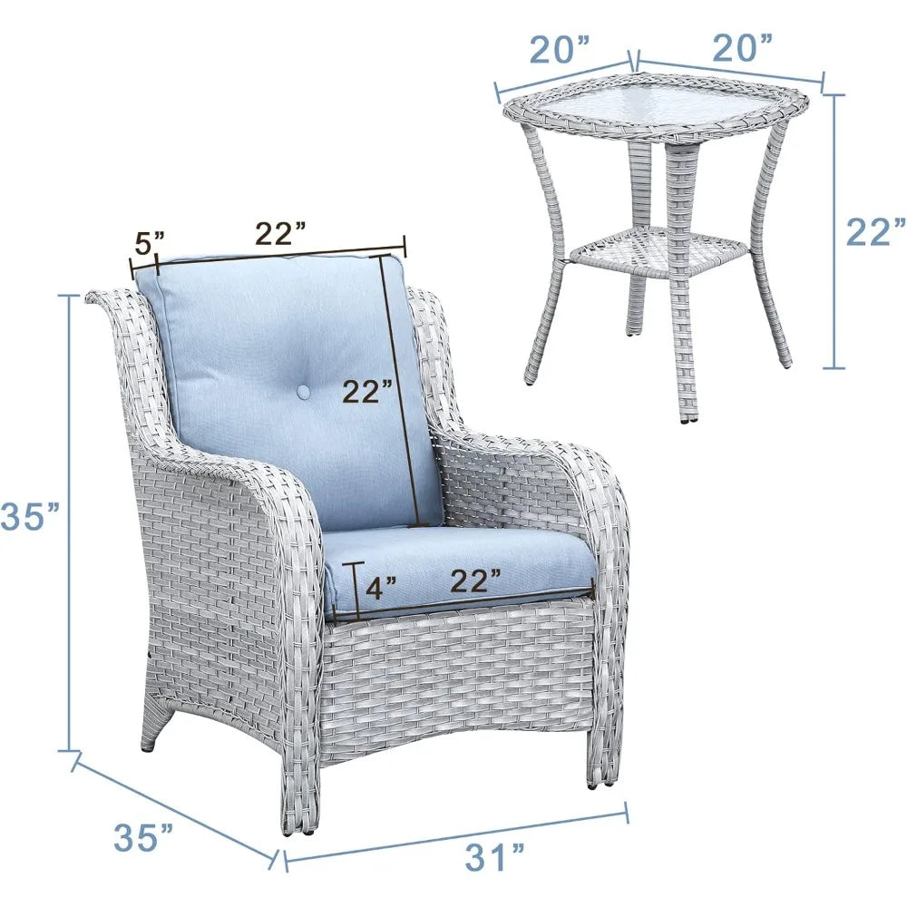 Patio Bistro Set Wicker Chairs - 3 Piece Outdoor Rattan Conversation Set with 2 Armrest Chair and 1 Side Table for Proch Deck