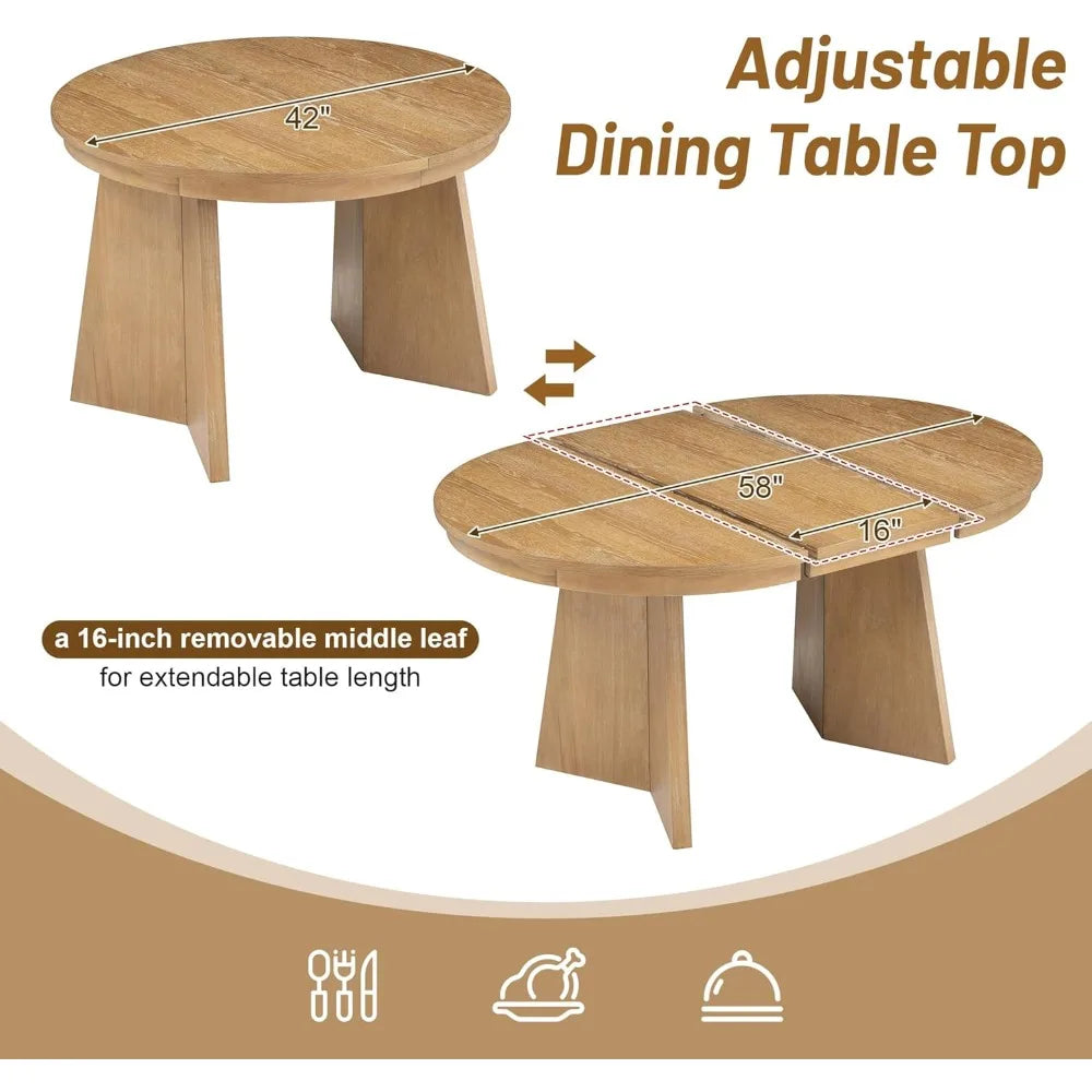 5-Piece Retro Functional Dining Set, Solid Wood Extendable Dining Table with 4 Upholstered Chairs and Rattan Backrests