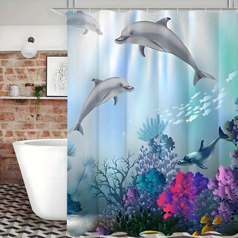 1pc Vibrant Undersea World Dolphin Shower Curtain - Waterproof,and Machine Washable Polyester Fabric Bath Curtain with Animal