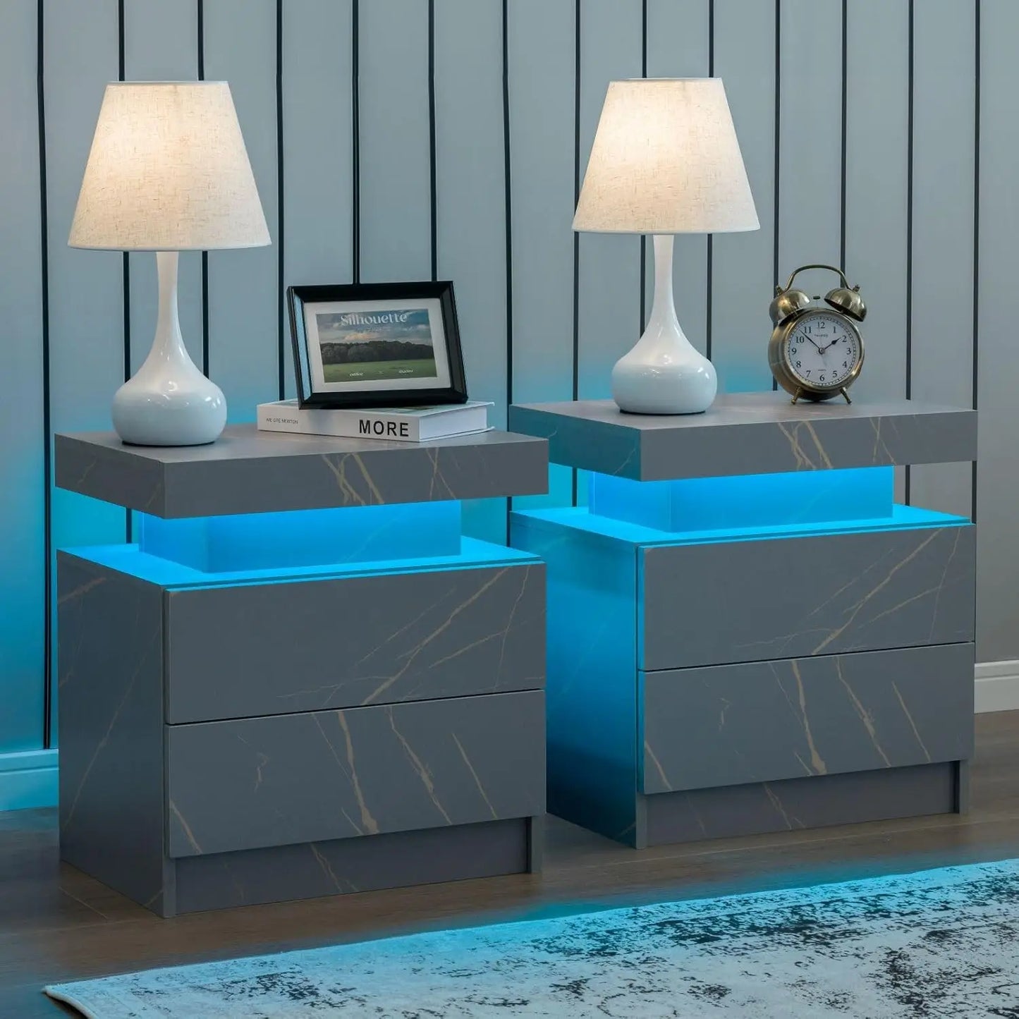 LED Nightstand Set of 2 with 2 Drawers, Bedside Table with Drawers for Bedroom Furniture, Side Bed Table
