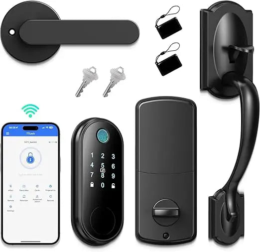 Smart Lock Front Door Set, Fingerprint Keyless Entry Front Door Lock with Handle, WiFi & Bluetooth App Control, Smart Deadbolt,