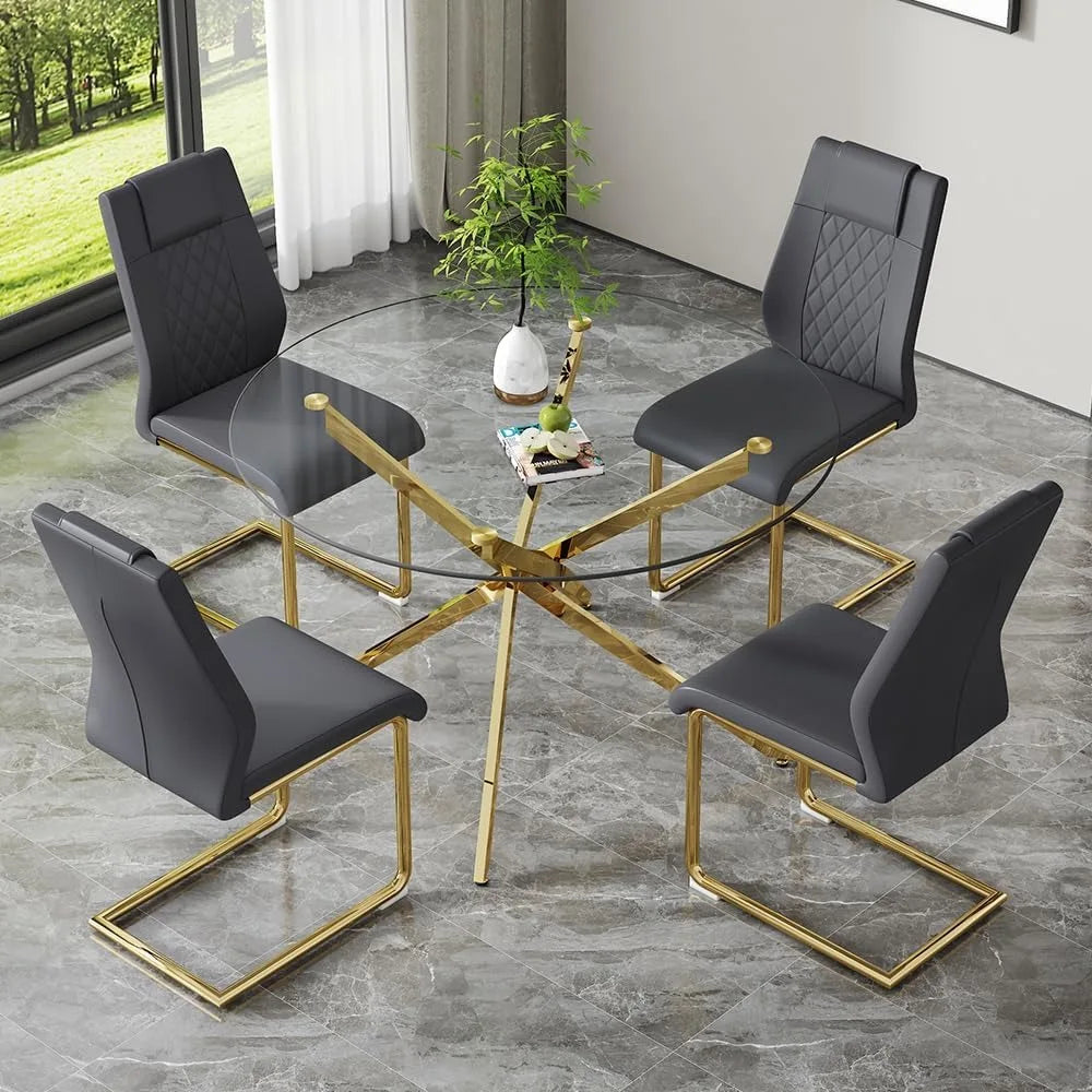 Round Glass Dining Table Set for 4,5 Piece Modern Tempered Glass Kitchen Dining Table Chairs Set,47 Inch Modern Glass Dining