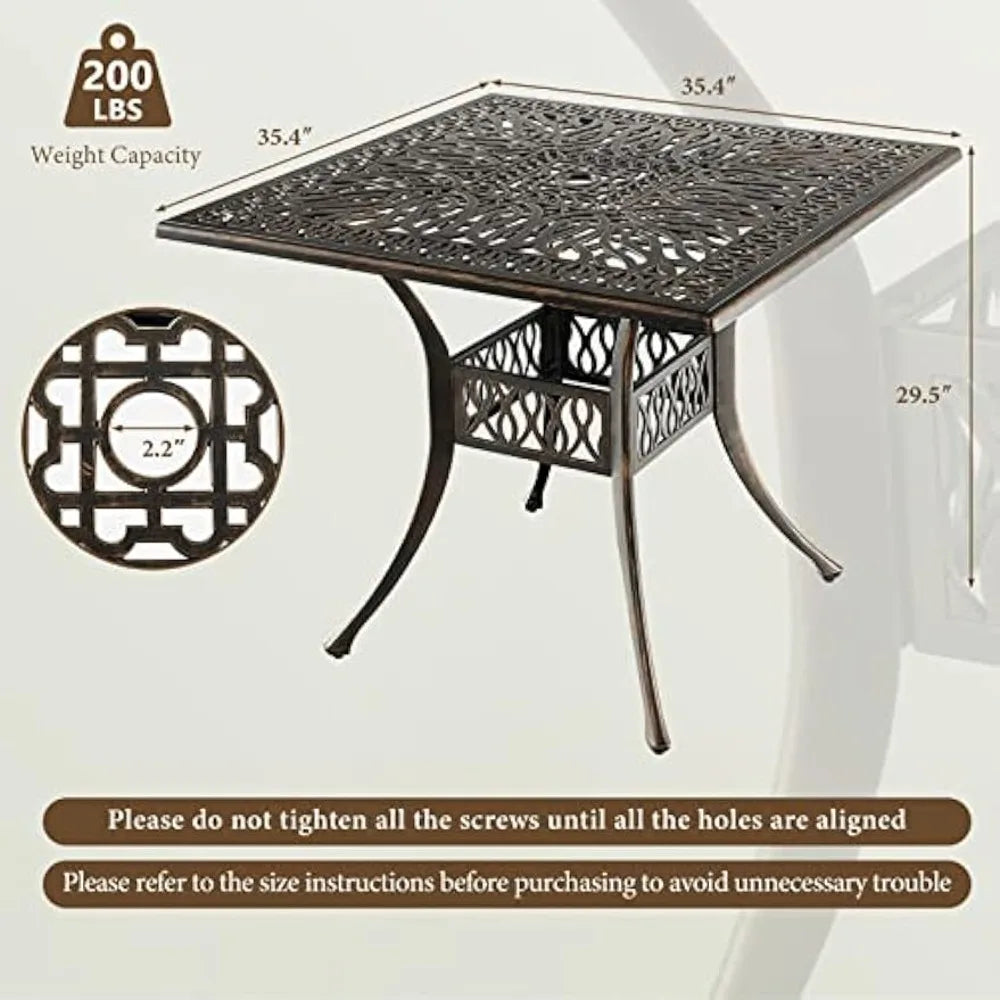 35.4 inches outdoor dining table, all-weather cast aluminum table with 2.2” umbrella hole, 4 person square dining table for gar