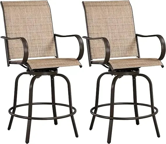 Patio Swivel Bar Stools Set of 2, All-Weather Outdoor High Bistro Stools for Outside, Beach, Lawn, Poolside and Garden, Brown