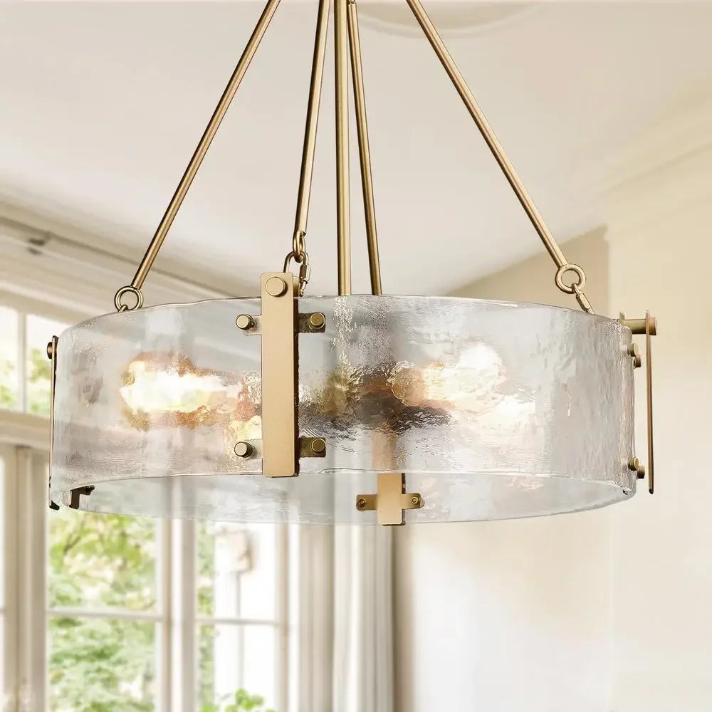 Modern Textured Glass Chandelier Gold Drum Light Fixture Adjustable Height Elegant Design Dining Room Kitchen Living Space