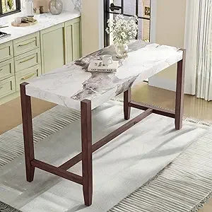 5-Piece Counter Height Dining Set with 1 Faux Marble Top Bar Table and 4 Upholstered Chairs, Mid-Century Modern Kitchen Table S