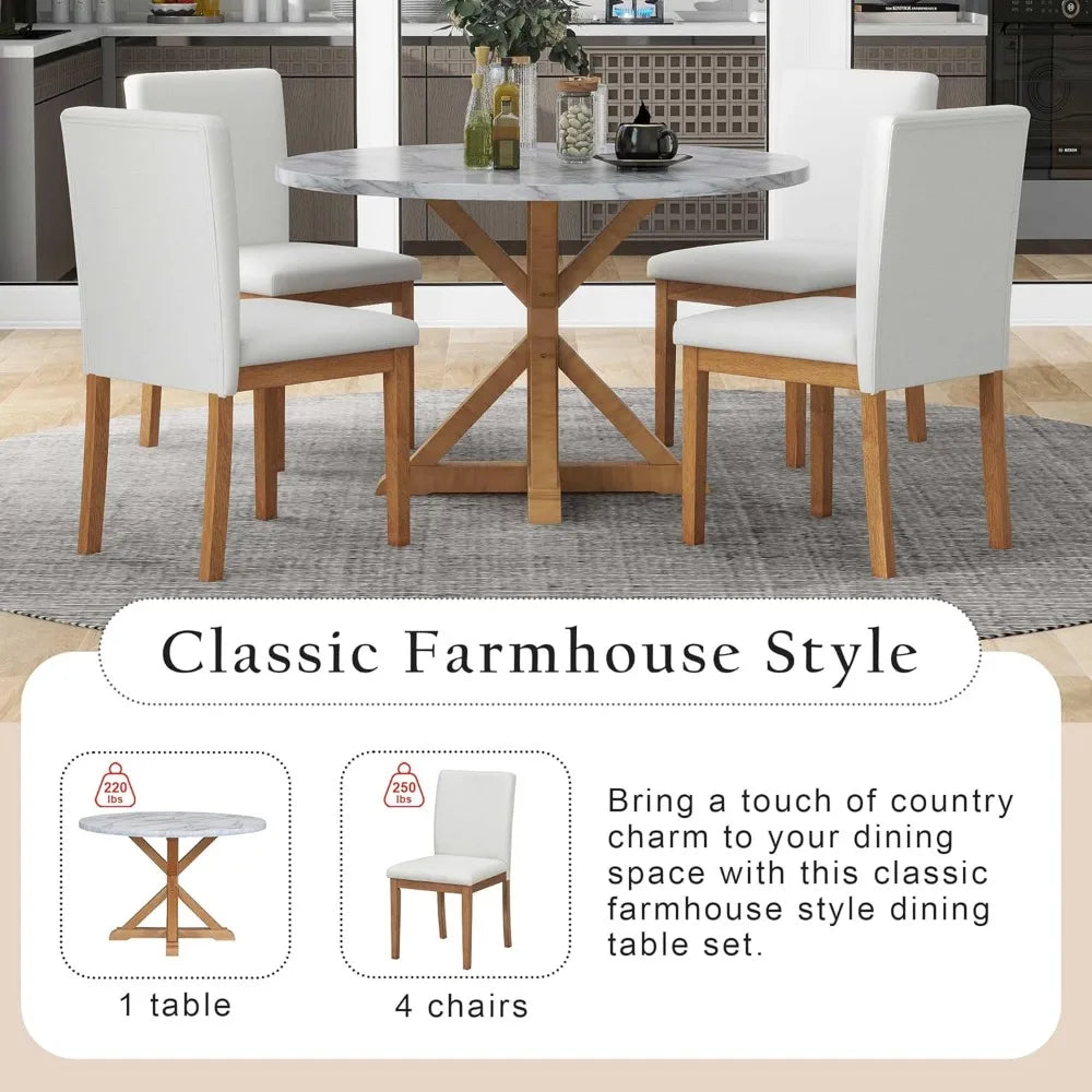 5-Piece Round Dining Table Set, Mid Century Modern Round Dining Table for 4-6 Person, Round Dinner Table with 4 Upholstered