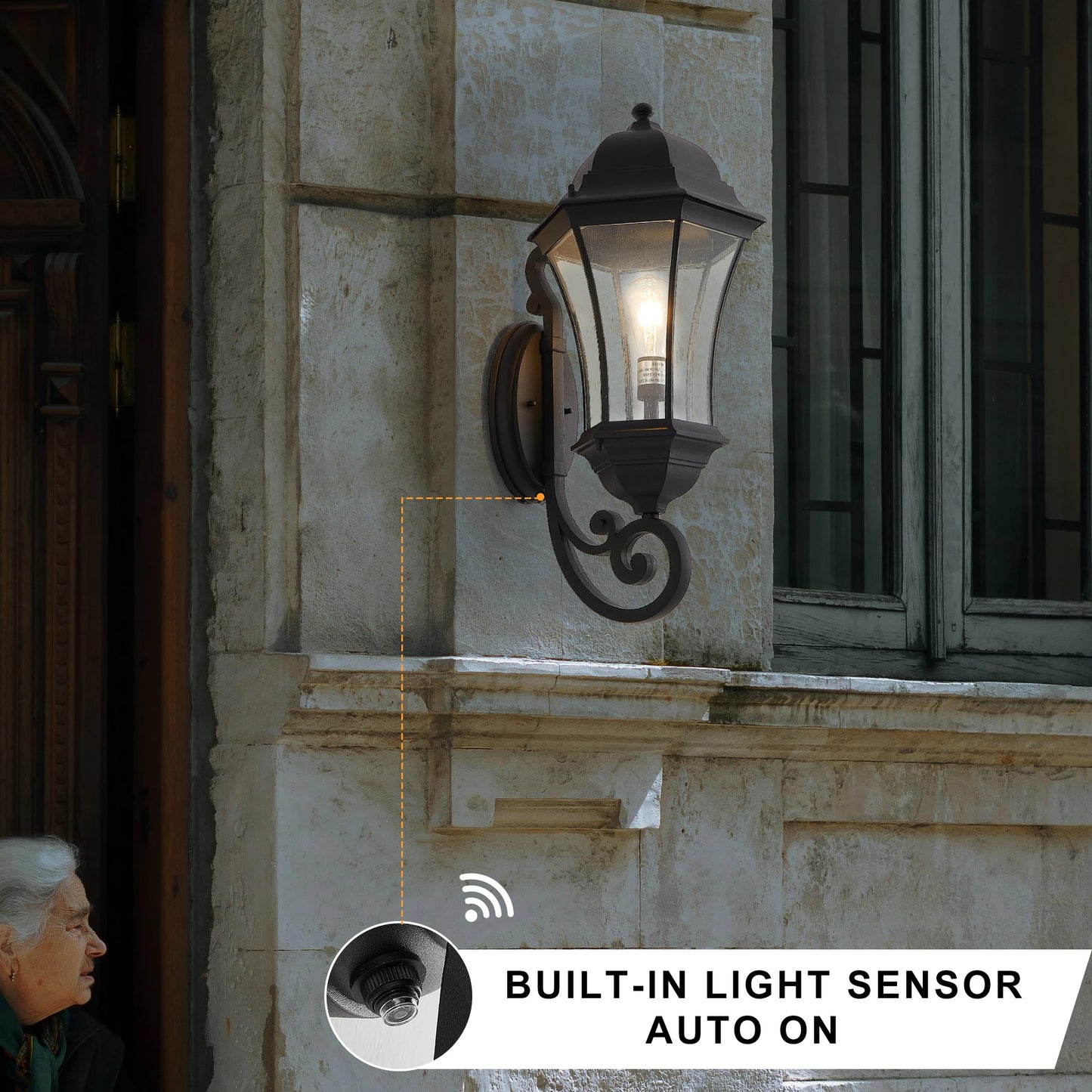 Outdoor Wall Lantern with Dusk to Dawn Sensor,Black Weatherrproof with Clear Bubble Glass,Vintage Wall Sconce (No Bulb)