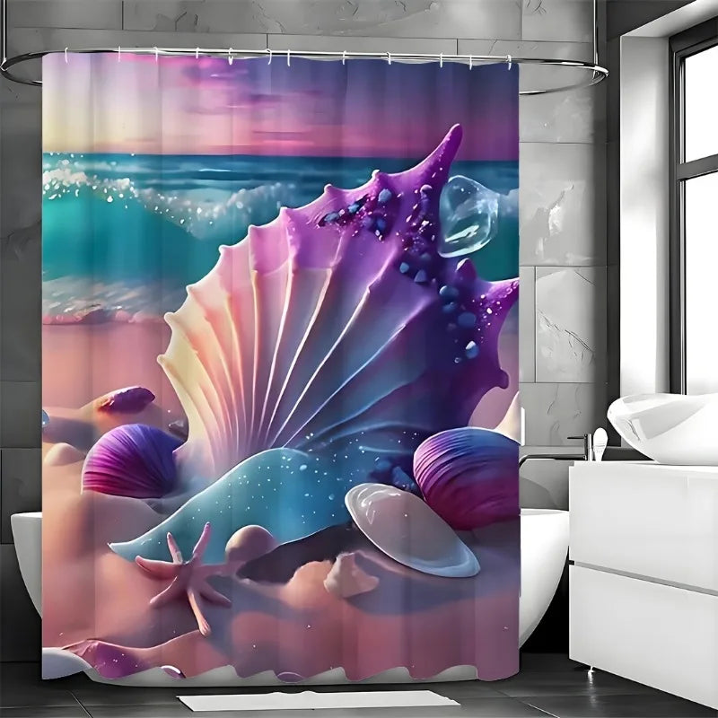 1PC Nautical Ocean Bathroom Set: Water-Resistant Curtain with Hooks, Effortless Style & Maintenance