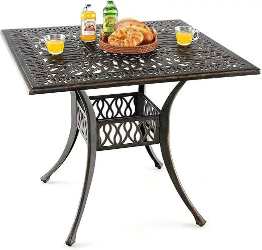 35.4 inches outdoor dining table, all-weather cast aluminum table with 2.2” umbrella hole, 4 person square dining table for gar
